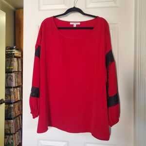 Worthington Red Scoop Neck Blouse with Black Lace Insets